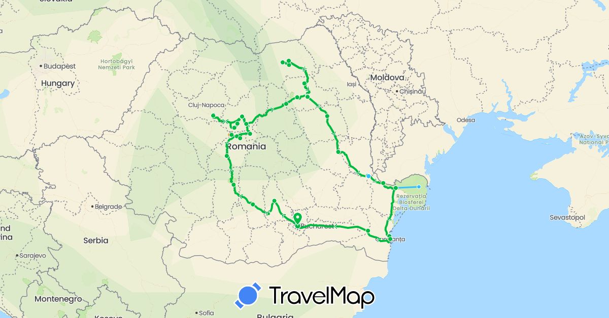 TravelMap itinerary: driving, bus, boat, voiture à cheval in Romania (Europe)